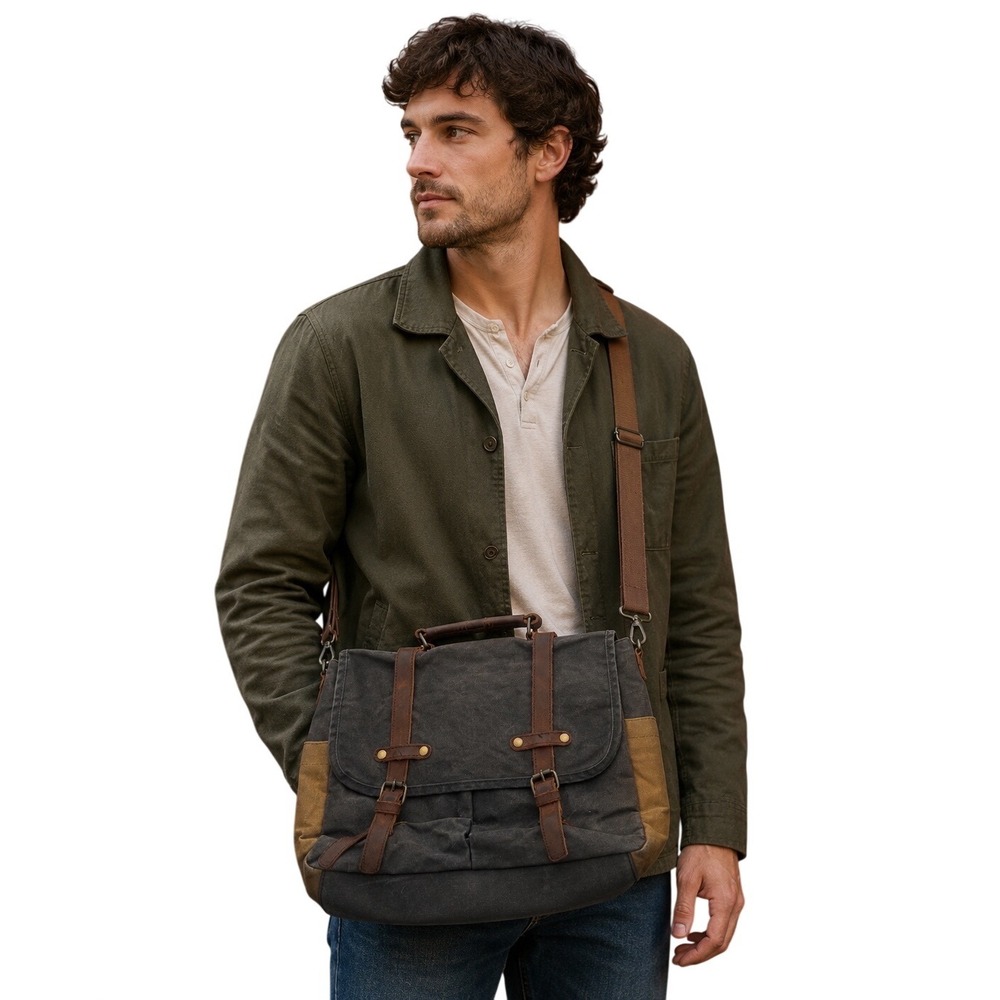Mens Waxed Canvas Messenger Bag Leather Trim Laptop Satchel Charcoal Gray Brown